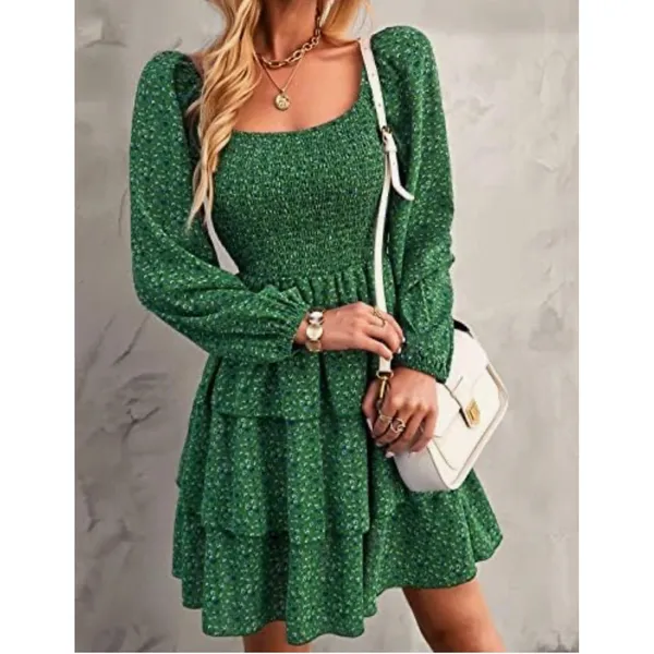 BTFBM Floral Tiered Mini Dress Size Small Green Smocked Long Sleeve Boho Prairie - Image 11