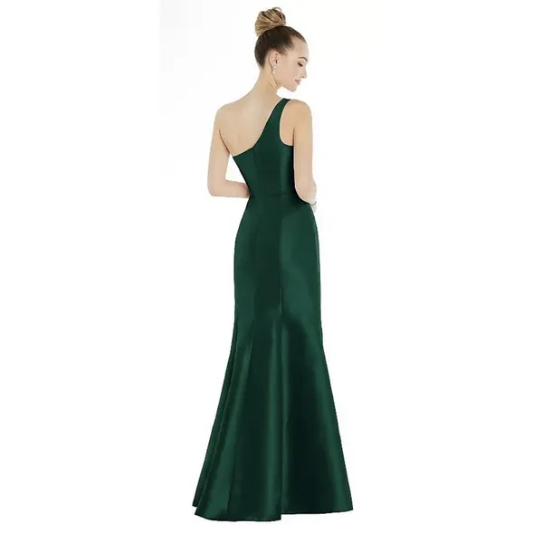 $257 Alfred Sung Hunter Green Shantung One Shoulder Pleated Gown Size 20 R1 D827 - Image 2