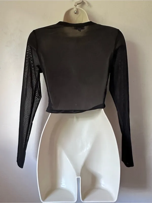 Black Mesh Long-Sleeve Crop Top with Rhinestone Cross - Image 7