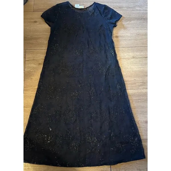 Vintage Dress Navy Black Shimmer floral Sheer Midi Size 14 1/2 Whimsy Fairy Goth - Image 3