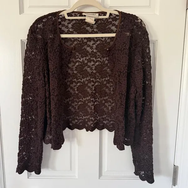 vintage y2k boho indie cottage coquette brown lace long sleeve cardigan top - Image 4
