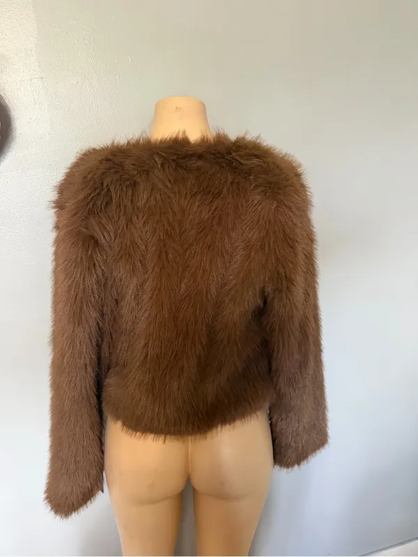Brown Faux Fur Jacket with Leather Trim - Women's Coat - Image 7