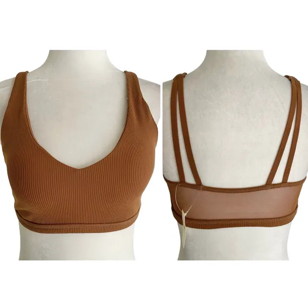New Aerie Offline Ribbed Plunge Double Strap Mesh Back Sports Bra Brown Size Small - Image 3