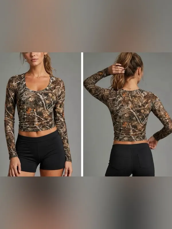 Women’s Camo Print Long Sleeve V-neck Cropped Stretch Top Size Medium - Image 2