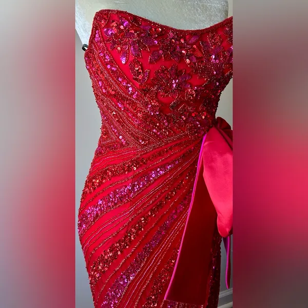 Sherri Hill Red/Fuchsia‎ Sweetheart Neck Beaded w/Bow Skirt Slit Homecoming Sz 4 - Image 7