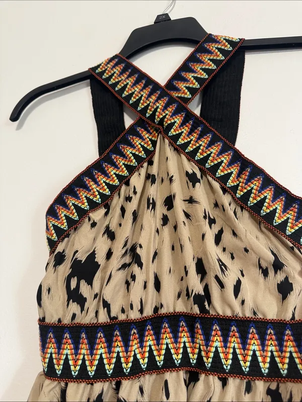 Women's Tan and Black Patterned Maxi Dress with Embroidered Trim - Image 6