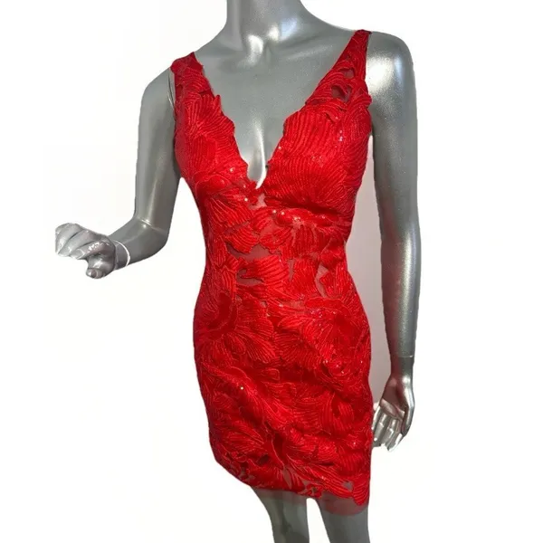 JOVANI 4552 Red Embellished Deep V-Neck Cocktail Dress Size 2 NWT Prom Party - Image 3