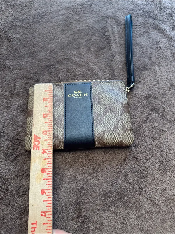 Coach Brown Signature Canvas Wristlet with Black Center Stripe - Image 11