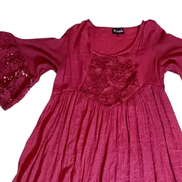 Frazzle Burgundy Lace Crochet Bell Sleeve Boho Mini Tunic Dress Large Wine Red - Image 11