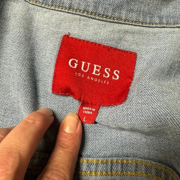 Guess Women’s Size Large Boyfriend Denim Jean Jacket With Logo Stripe Sleeves - Image 6