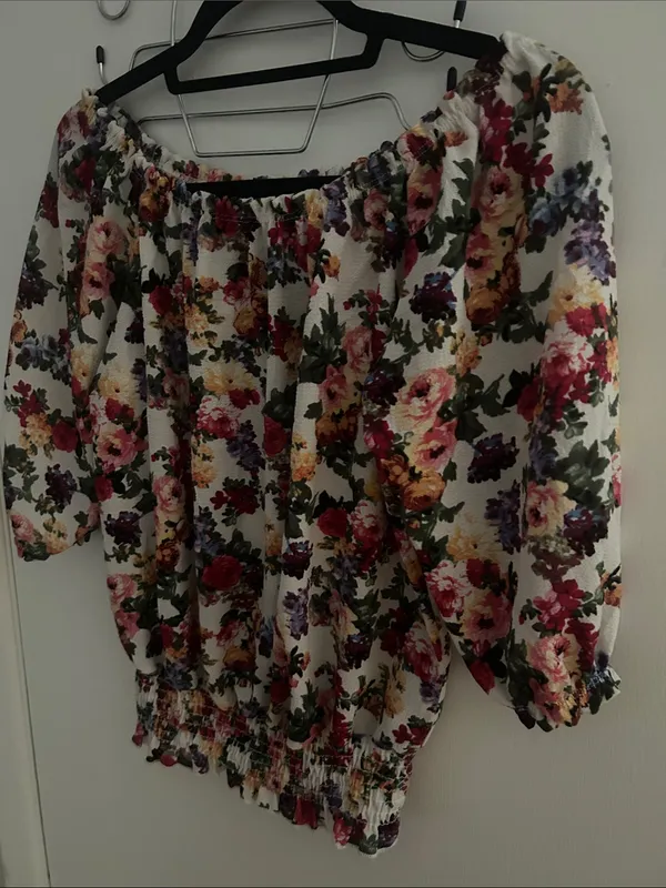 Floral Off-Shoulder Peasant Top - White with Pink & Green Floral Print Medium - Image 3