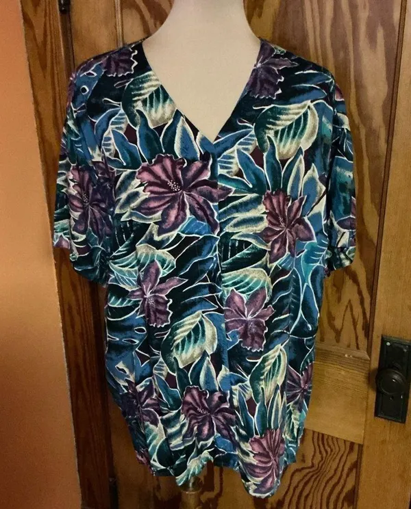 Vtg 80s Bright Tropical Flowers Blouse Blue Size L - Image 5