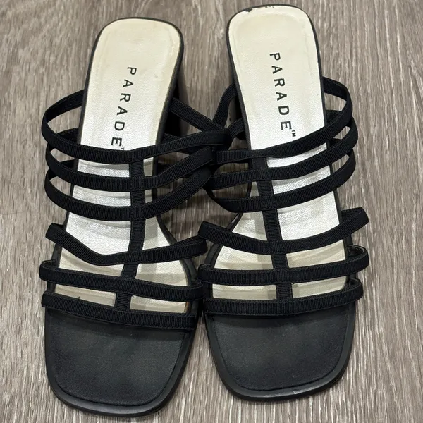 Y2K 90s Parade Black Strappy Chunky Block Heel Square Toe Mule Sandals 6.5 Party - Image 2