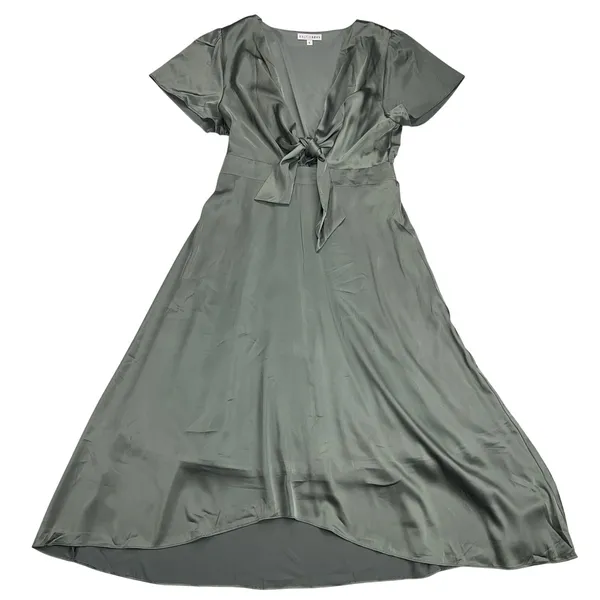 Baltic Born Poppy Satin Midi Dress Dark Sage Green V-Neck Peek Tie Front Size L - Image 16
