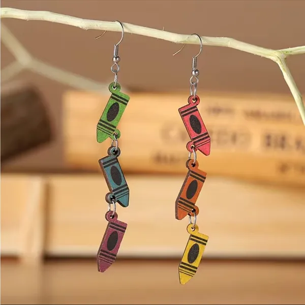 Boho Mismatched Asymmetrical Whimsical Novelty Style‎ Crayon Teacher Earrings - Image 6