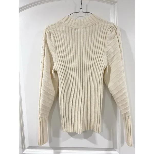 Marled Cream Cable Knit Mock Neck Sweater M Cozy Chunky Ribbed Winter Pullover - Image 3