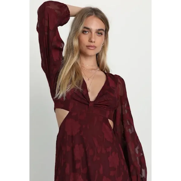 Lulus Desired Aesthetic Wine Red Floral Burnout Long Sleeve Midi Dress Size L - Image 11