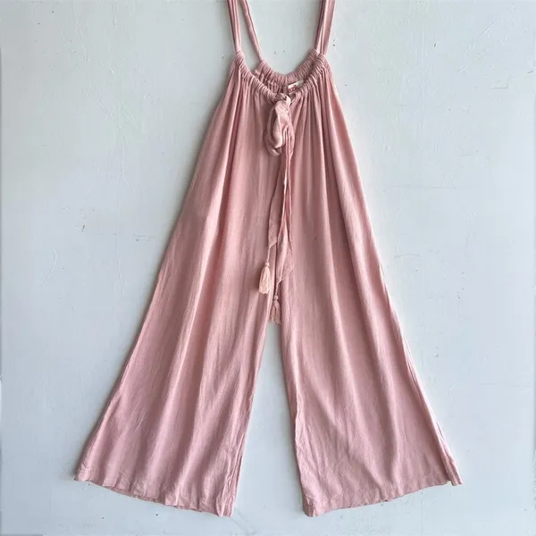 NEW Mazik Wide Leg Linen Jumpsuit Boho Pink MEDIUM Suspender Overalls Tassels - Image 2