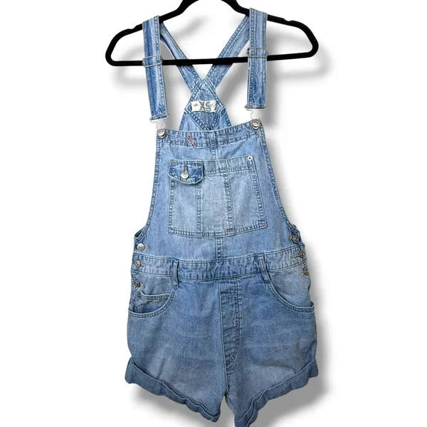Free People We The Free Blue Cotton Baggy Cuffed Shortall Overall Denim Shorts - Image 6