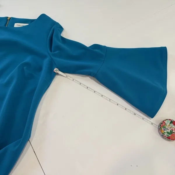 Calvin Klein Turquoise Blue‎ 3/4 Bell Sleeve Stretch Crepe Sheath Dress Size 6 - Image 9