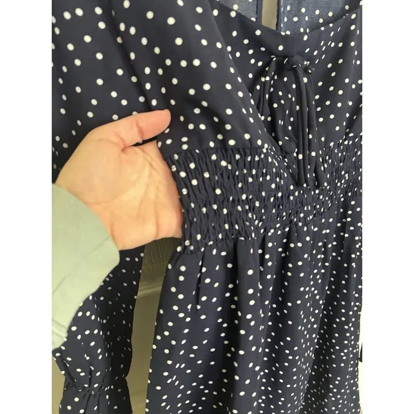 Princess Polly Navy White Polka Dot Bell Sleeve Smocked Mini Dress 8 Whimsical - Image 7