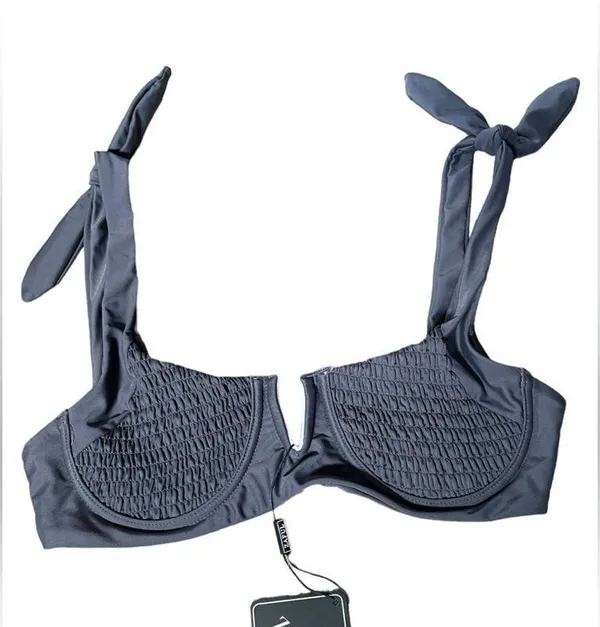 NEW Zaful Gray Smocked Shirred Bowknot Underwire V Cut Two Piece Bikini Set - Image 3