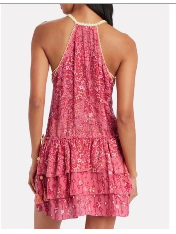 Poupette St. Barth Pink Yellow Betty Floral Sleeveless Tiered Ruffle Mini Dress - Image 9