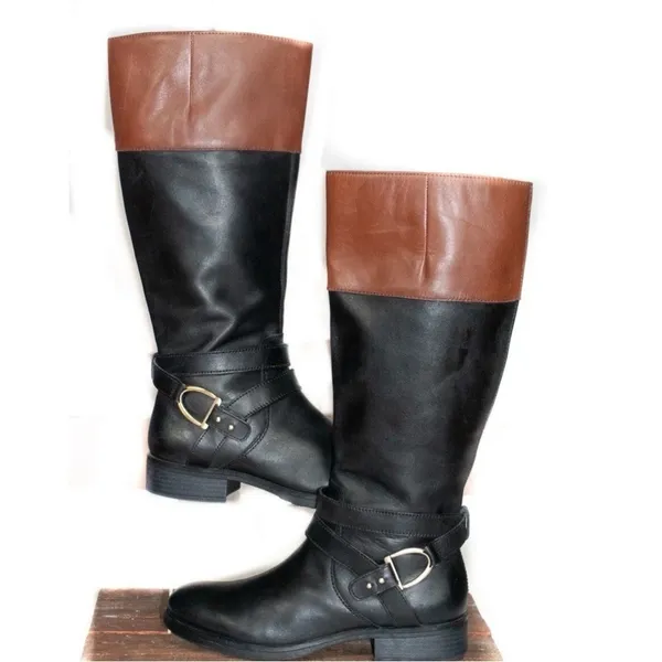 Bandolino Two-Tone Leather Riding Boots Black Brown Gold Buckle Size 6 - Image 15