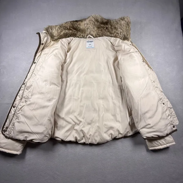 Old Navy Womens Cream Puffer Jacket Faux Fur Collar Brown Trim Size S - Image 4