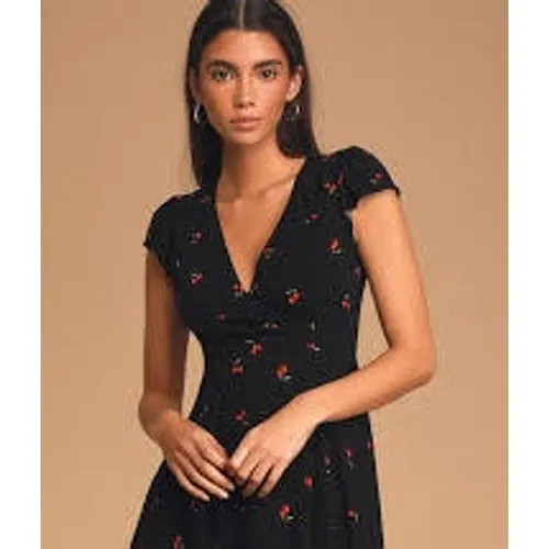 Lulus Mini Dress Women Medium Black Cherry Print Cherish‎ You Surplice Flutter - Image 3