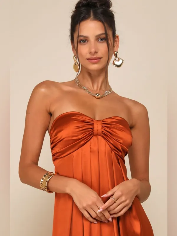 Lulus Memorable Entrance Rust Orange Strapless Satin Maxi Dress Size XL - Image 4
