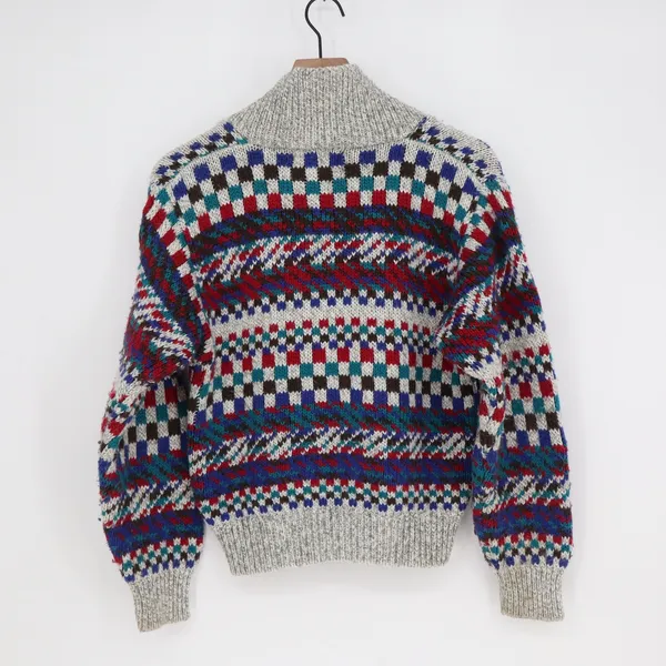 Vintage Applause Fair Isle Shawl Collar Sweater Grey Multi Geometric Knit Medium - Image 3