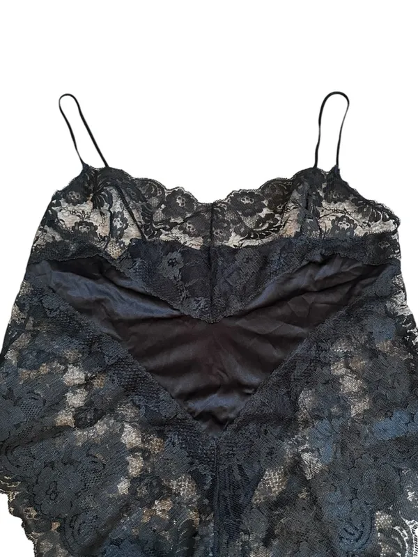 Vintage 80s Black Silky Nylon & Lace Teddy Lingerie Dark Romantic Cottagecore - Image 3