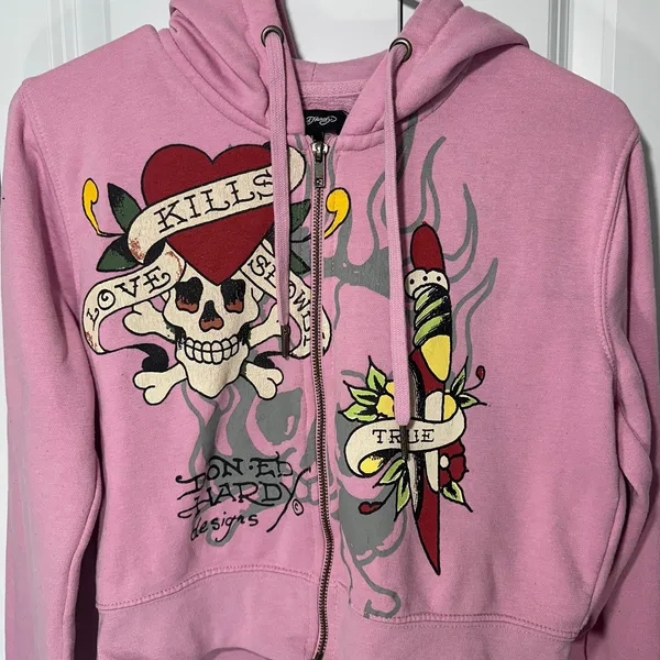 Ed Hardy Hoodie Womens Large Pink Love Kills Tiger Full Zip Cropped Sweatshirt - Image 4
