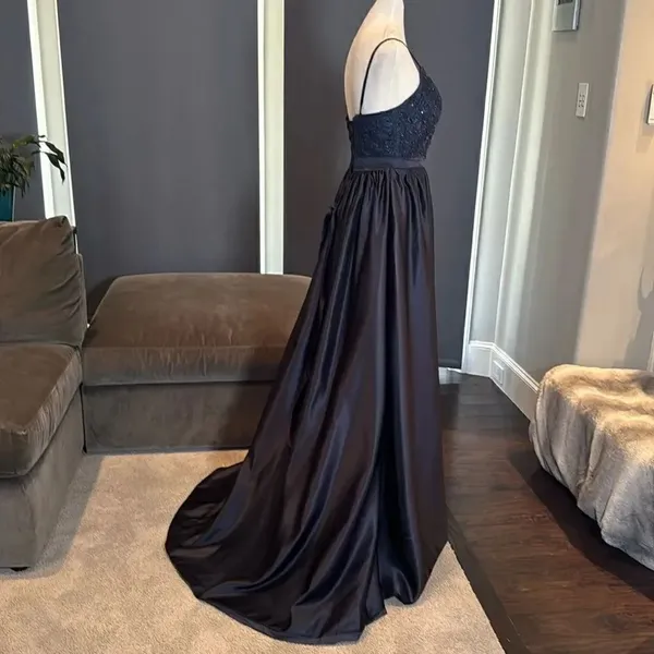 Women’s Blue Full Length Satin Lace Appliqué Party Prom Formal Dress Size 2 NWOT - Image 7