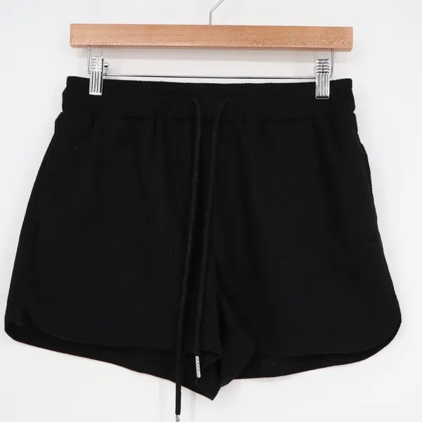 Shorts Womens Medium Black Waffle Knitted Ribbed Slash Pockets Drawstring Waist - Image 2