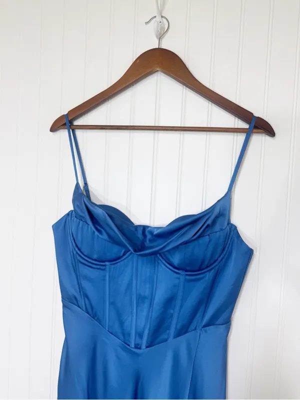 ASTR the Label Cannes Blue Satin Corset Maxi Dress Medium Wedding Guest Bustier - Image 4