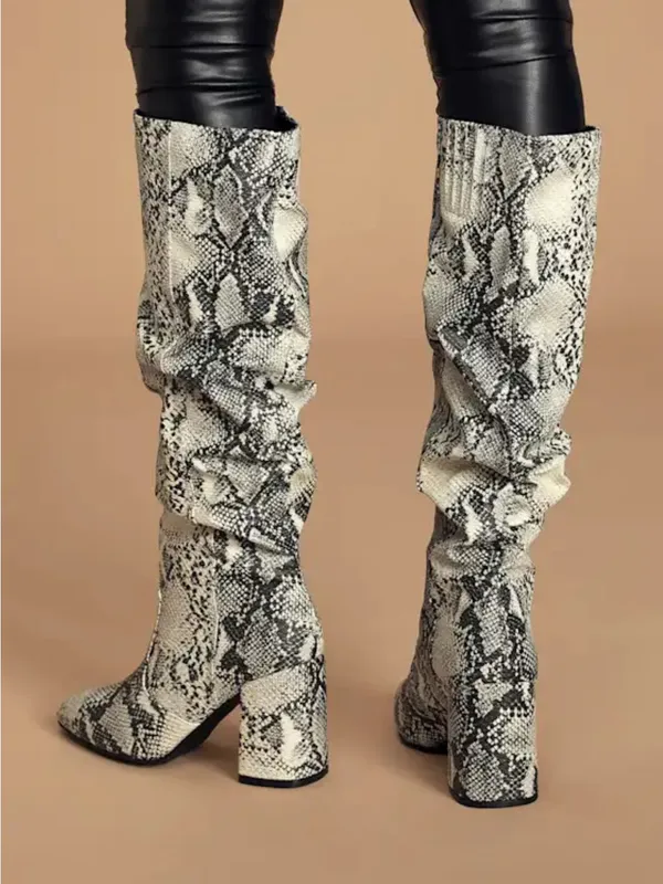 Lulu's White and Black Snake-Print Slouchy Block Heel Boots - Image 4