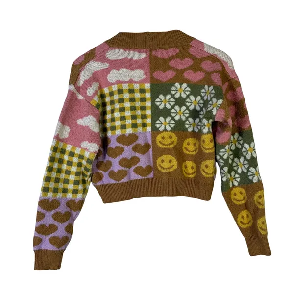 Debut Quirky Patchwork Cropped Cardigan Womens XS Brown Pink Retro Indie Whimsy - Image 8