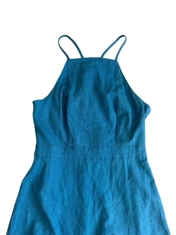 BCBGENERATION Blue High Neck Linen Blend Skater Dress Size 2 - Image 3
