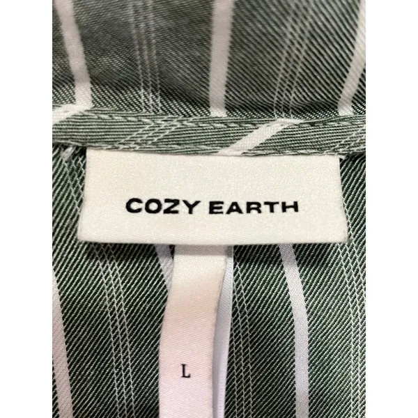 Cozy Earth Pajama Set Womens Large Green White Stripe Button Up Drawstring Pants - Image 5