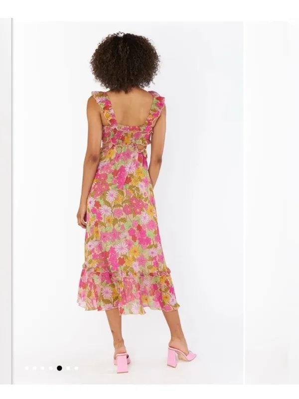Show Me Your MuMu Pink, Yellow & Green Floral Ruffle Midi Dress - Image 2