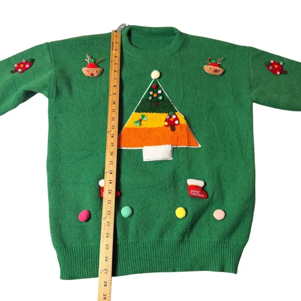 Green Ugly Christmas Sweater Women Large 3D Reindeer Tree Pom Poms Holiday Party - Image 6