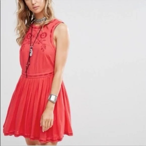 Free People Red Birds of a Feather Embroidered Mini Dress 12 Boho Folk Romantic - Image 2