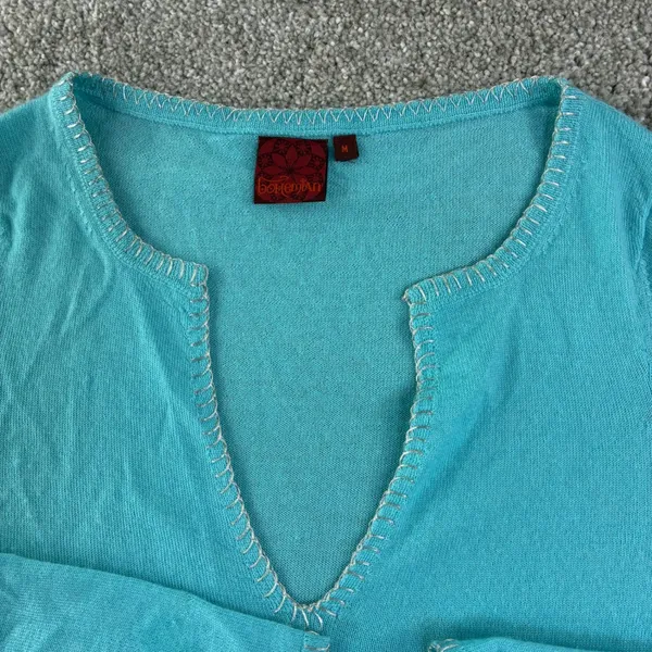 Bohemian‎ Turquoise Cashmere Sweater Spit V Neck Whipstitch Trim Women M Coastal - Image 10