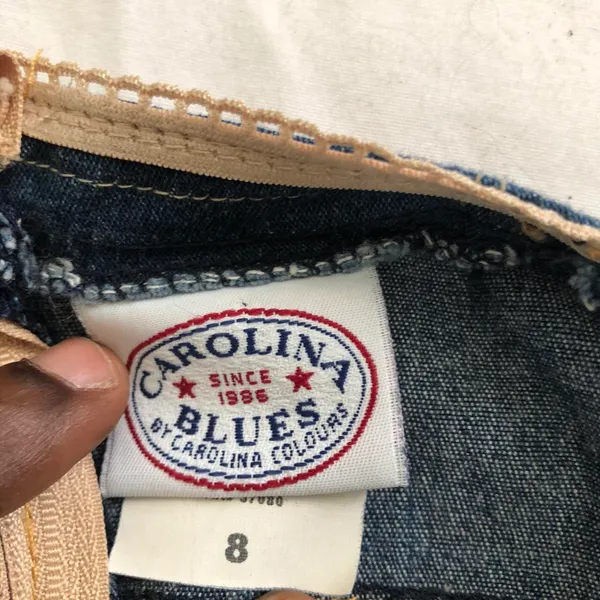 Carolina Blues 2000s Y2K boho hippie Tan navy blue jean denim patchwork midi dress with button front cami spaghetti strap #festival Size 8/M, measurements in pics - Image 4