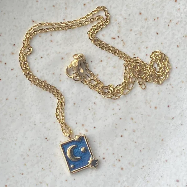 Handmade gold stainless steel blue celestial whimsical chic moon necklace🌟 - Image 6