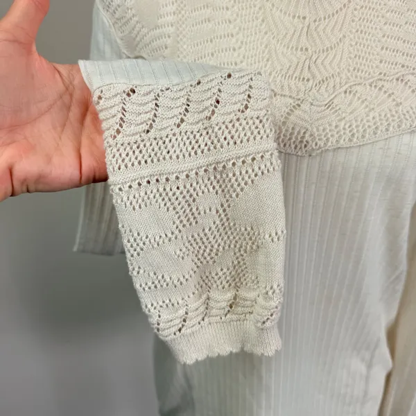Free People Colette Cream Ribbed Knit Top Crochet Lace Yoke and Cuffs Size Lrg. - Image 8