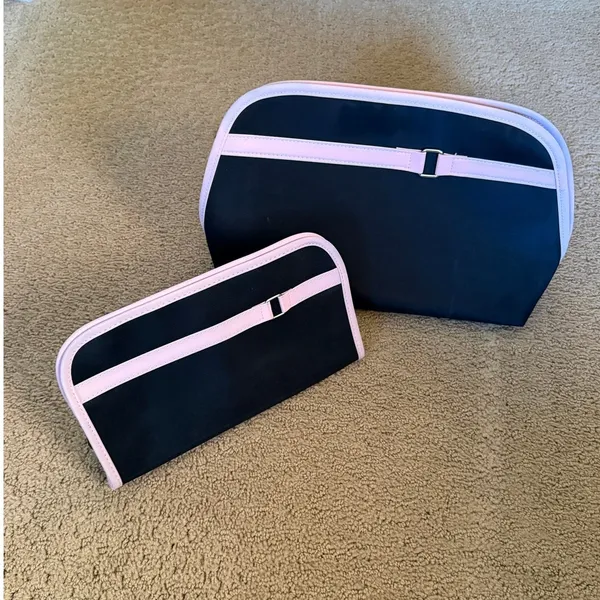 Lancome 2 Piece Makeup and Toiletry Zipper Travel Bags Case Pink Black New - Image 2