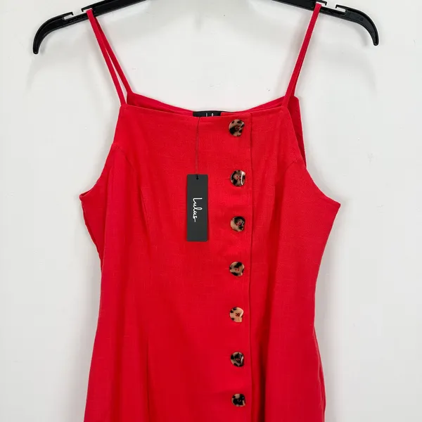 Lulus Chic Objective Red Button Front Mini Dress Linen Rayon Blend Medium NWT - Image 6
